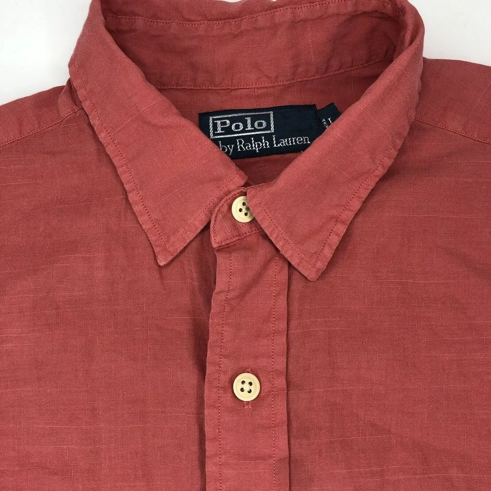Ralph Lauren Men's Large Salmon Pink Linen Pockets‎ Button Down Casual Shirt